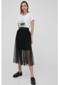 DKNY - Dkny spódnica kolor czarny midi rozkloszowana. Kolor: czarny. Materiał: tkanina. Wzór: gładki