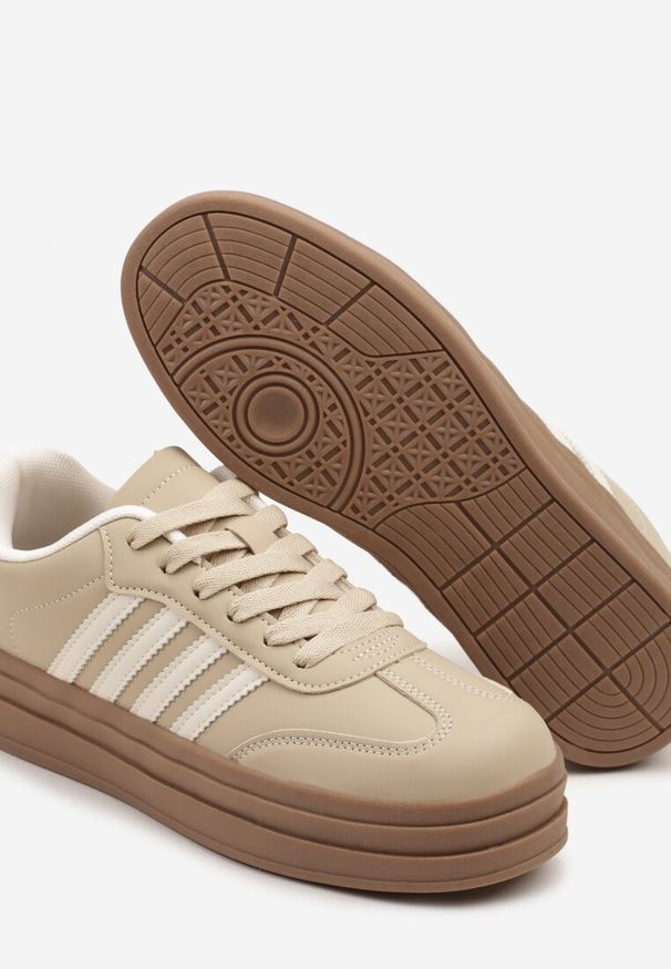 Renee - Ciemnobeżowe Sneakersy Kultowe Tenisówki na Grubej Podeszwie z Tłoczeniami Ellimia. Okazja: na co dzień. Kolor: beżowy. Materiał: jeans