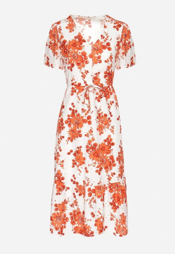 Born2be - Pomarańczowa Sukienka z Bawełny Ażurowa w Kwiaty z Rozkloszowanym Dołem Florbia. Okazja: na co dzień. Kolor: pomarańczowy. Materiał: bawełna. Długość rękawa: krótki rękaw. Wzór: ażurowy, kwiaty. Sezon: wiosna. Typ sukienki: rozkloszowane. Styl: casual, klasyczny