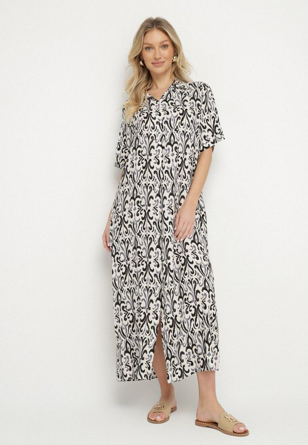 Born2be - Czarna Sukienka z Wiskozy o Pudełkowym Kroju w Ornamentalny Wzór Ridisa. Okazja: na imprezę, na co dzień. Typ kołnierza: dekolt w kształcie V. Kolor: czarny. Materiał: wiskoza. Długość rękawa: krótki rękaw. Typ sukienki: proste. Styl: casual, elegancki