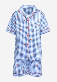Renee - Niebiesko-Biały Komplet Piżamowy Koszula na Guziki i Szorty o Luźnym Fasonie w Kratę Anseli. Kolor: niebieski. Wzór: kratka