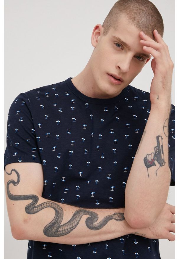 Tom Tailor t-shirt bawełniany kolor granatowy z nadrukiem. Kolor: niebieski. Materiał: bawełna. Wzór: nadruk