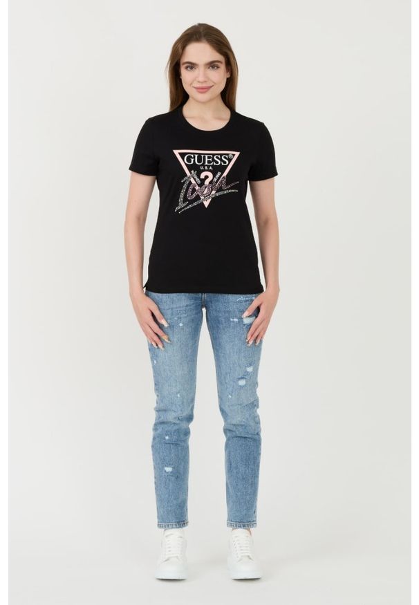 Guess - GUESS Czarny damski t-shirt bawełniany Icon Tee, Rozmiar XS. Kolor: czarny. Materiał: bawełna
