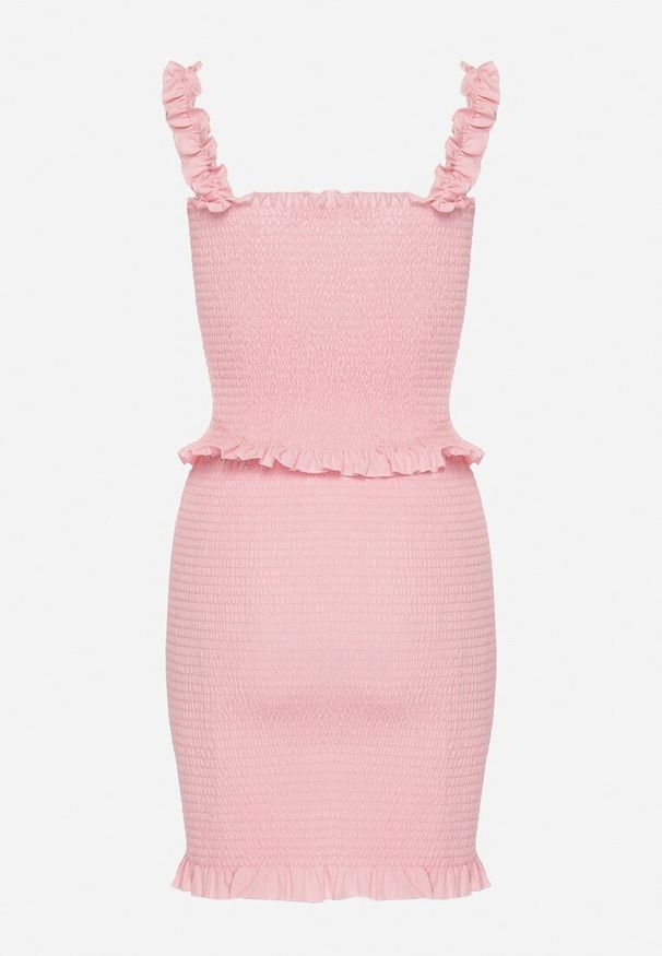 Born2be - Różowy Dopasowany Komplet z Topem z Kokardką i Spódnicą Mini Tellialina. Kolor: różowy. Materiał: jeans, materiał. Wzór: aplikacja