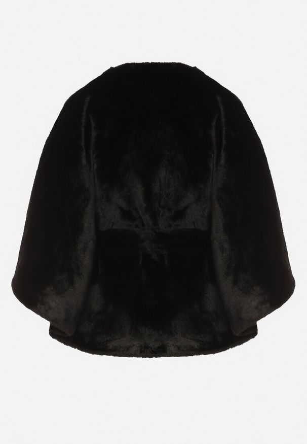 Born2be - Czarne Ponczo z Futerkiem i Wiązanym Paskiem Monalena. Okazja: do pracy, na co dzień, na spotkanie biznesowe. Kolor: czarny. Materiał: futro. Styl: casual, elegancki, biznesowy