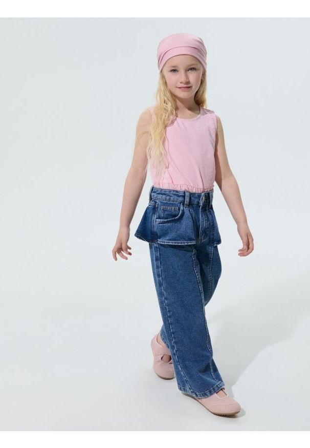 Sinsay - Jeansy wide leg z ozdobną baskinką z domieszką wiskozy - niebieski. Kolor: niebieski
