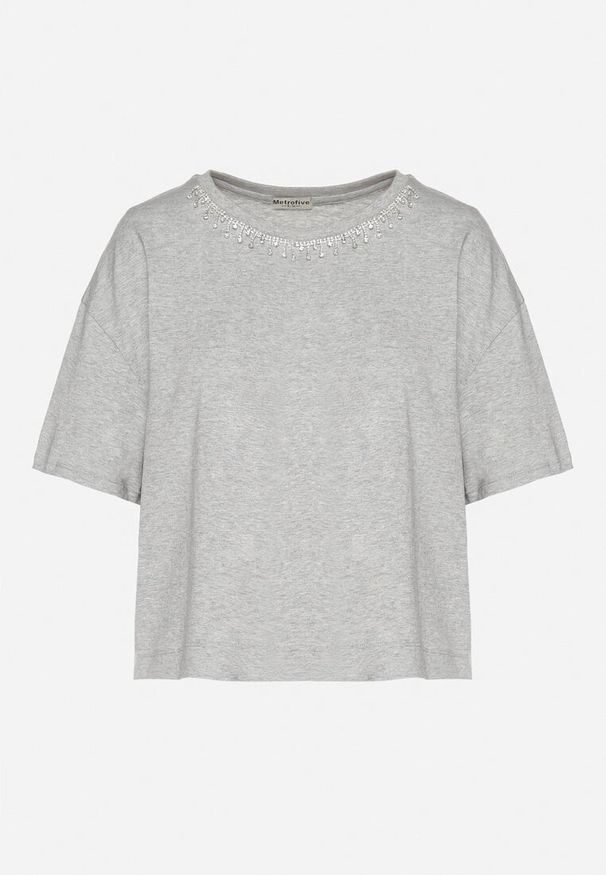 Born2be - Szary Bawełniany T-shirt Ozdobiony Cyrkoniami Fadelis. Okazja: na spotkanie biznesowe, na co dzień. Kolor: szary. Materiał: bawełna. Wzór: aplikacja. Styl: elegancki, casual, biznesowy
