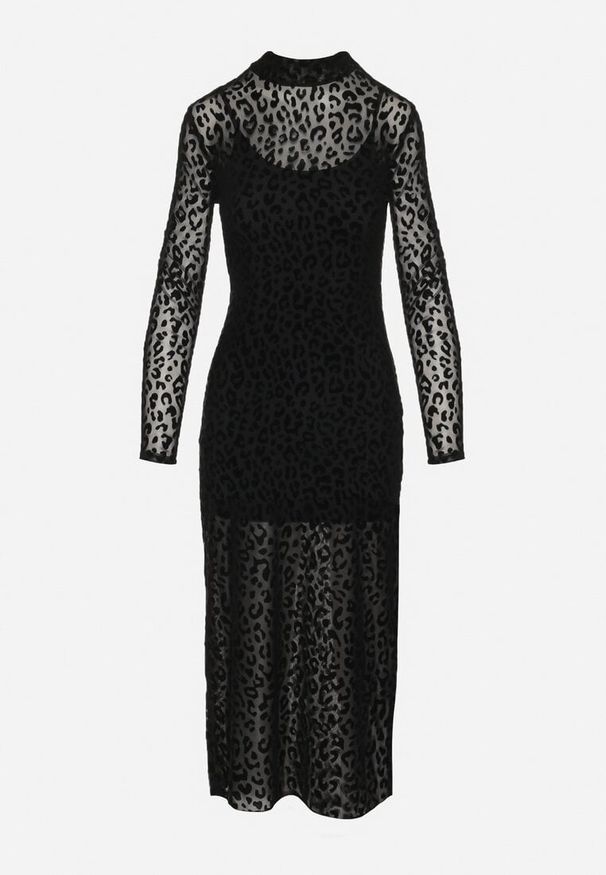 Born2be - Czarna Siateczkowa Sukienka z Welurowym Nadrukiem w Cętki i Rozcięciami Zaili. Kolor: czarny. Materiał: welur. Długość rękawa: długi rękaw. Wzór: nadruk. Typ sukienki: proste. Styl: elegancki