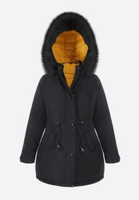 Born2be - Czarno-Żółta Kurtka Dwustronna Pikowana z Kapturem z Futerkiem Amerina. Okazja: na co dzień, na spacer. Typ kołnierza: kaptur. Kolor: czarny. Materiał: futro. Długość rękawa: długi rękaw. Długość: długie. Styl: klasyczny, casual #3