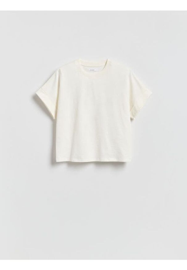 Reserved - Bawełniany t-shirt - złamana biel. Materiał: bawełna