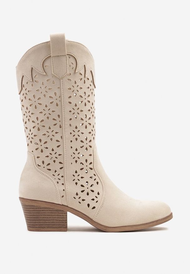 Born2be - Beżowe Ażurowe Botki na Obcasie w Stylu Kowbojek Lissemi. Okazja: na co dzień. Kolor: beżowy. Materiał: skóra, jeans. Wzór: ażurowy. Sezon: wiosna, jesień. Obcas: na obcasie. Styl: casual, elegancki. Wysokość obcasa: średni