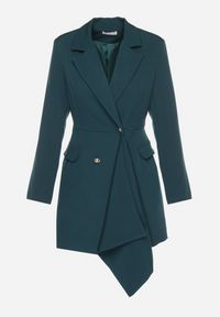 Born2be - Ciemnozielona Taliowana Sukienka o Kroju Marynarki z Mini Trenem Besista. Kolor: zielony. Długość rękawa: długi rękaw. Wzór: aplikacja. Styl: klasyczny, elegancki. Długość: mini #3