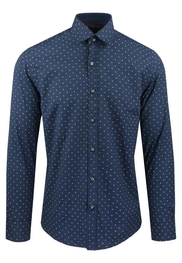 Męska Koszula, Taliowana (Slim Fit) - Rigon - Granatowa, Drobny Wzór. Okazja: do pracy, na spotkanie biznesowe. Kolor: niebieski. Materiał: bawełna, poliester, elastan. Długość rękawa: długi rękaw. Długość: długie. Styl: wizytowy, elegancki, biznesowy