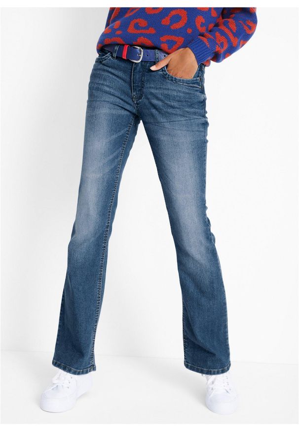 bonprix - Wygodne dżinsy ze stretchem, o kroju bootcut, mid waist. Kolor: niebieski