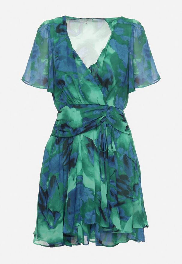 Born2be - Zielono-Niebieska Rozkloszowana Sukienka z Kopertowym Dekoltem i Gumką w Talii Pannestra. Okazja: na co dzień. Typ kołnierza: dekolt kopertowy. Kolor: zielony. Materiał: jeans. Długość rękawa: krótki rękaw. Typ sukienki: kopertowe. Styl: elegancki, casual, wizytowy