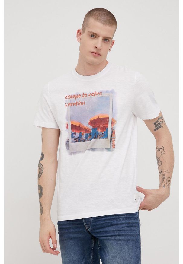 Tom Tailor t-shirt bawełniany kolor biały z nadrukiem. Kolor: biały. Materiał: bawełna. Wzór: nadruk
