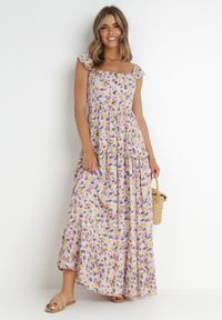Born2be - Biało-Różowa Sukienka Maibe. Kolor: różowy. Materiał: tkanina. Długość rękawa: na ramiączkach. Wzór: nadruk, aplikacja, kwiaty. Sezon: wiosna, lato. Typ sukienki: trapezowe. Styl: boho. Długość: maxi #2