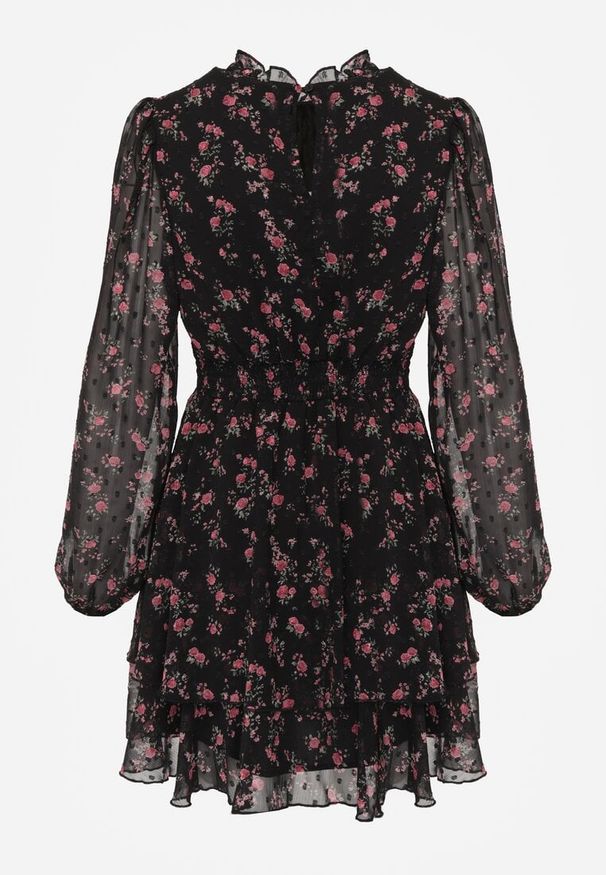 Renee - Czarna Sukienka Rozkloszowana w Kropki i Kwiatowy Print z Falbanami Ediannela. Kolor: czarny. Materiał: poliester. Wzór: nadruk, kwiaty, kropki. Sezon: lato. Styl: elegancki, klasyczny