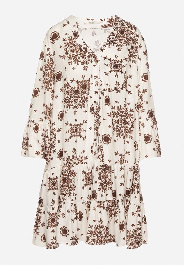 Born2be - Brązowa Wiskozowa Sukienka z Geometrycznym Wzorem Filavara. Okazja: na co dzień. Kolor: brązowy. Materiał: wiskoza. Wzór: geometria. Typ sukienki: proste. Styl: casual, klasyczny