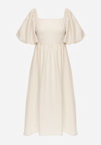 Renee - Beżowa Midi Sukienka o Rozkloszowanym Fasonie z Kwadratowym Dekoltem i Bufiastymi Rękawami Briakke. Typ kołnierza: dekolt kwadratowy. Kolor: beżowy. Materiał: tkanina. Wzór: gładki. Sezon: lato. Typ sukienki: rozkloszowane. Długość: midi #4