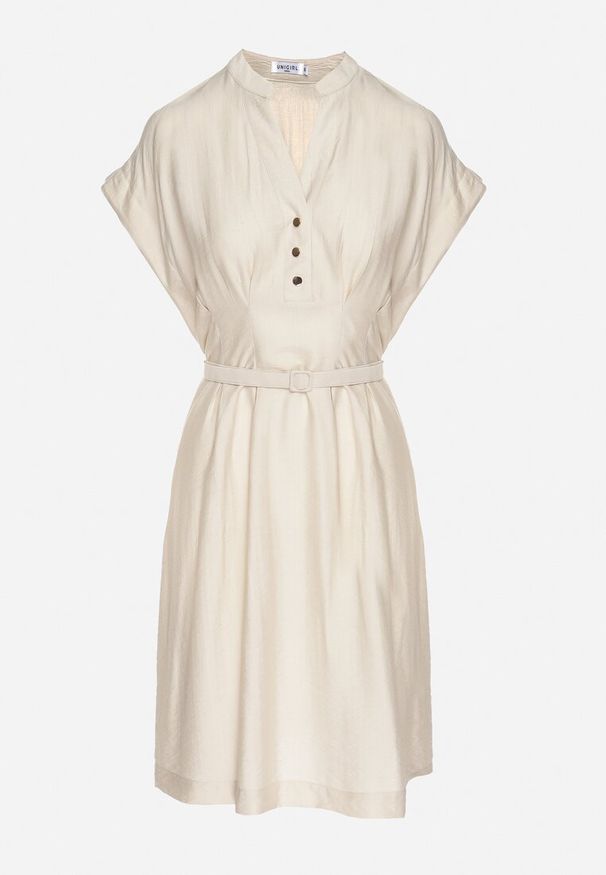 Born2be - Beżowa Sukienka z Wiskozy o Rozkloszowanym Kroju z Paskiem Sepina. Okazja: na co dzień. Typ kołnierza: dekolt w serek. Kolor: beżowy. Materiał: wiskoza. Długość rękawa: krótki rękaw. Wzór: aplikacja. Sezon: lato. Styl: casual, klasyczny, elegancki