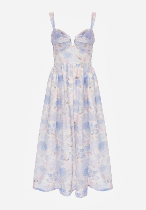 Born2be - Niebieska Romantyczna Sukienka o Rozkloszowanym Kroju na Ramiączkach w Kwiaty Isiresha. Okazja: na wesele, na co dzień, na randkę, na ślub cywilny. Kolor: niebieski. Materiał: poliester. Długość rękawa: na ramiączkach. Wzór: kwiaty. Sezon: lato. Typ sukienki: rozkloszowane, proste. Styl: casual, elegancki