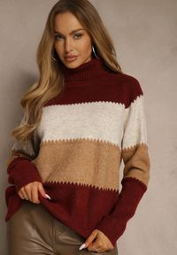 Renee - Bordowy Oversizowy Golf z Dodatkiem Kaszmiru w Szerokie Paski Nemeana. Typ kołnierza: golf. Kolor: czerwony. Materiał: kaszmir. Wzór: paski. Styl: elegancki #5