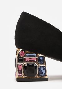 Born2be - Czarne Czółenka na Ozdobnym Obcasie z Kryształkami i Skórzaną Wkładką Oviria. Okazja: na co dzień, na spotkanie biznesowe, do pracy. Kolor: czarny. Materiał: skóra. Wzór: aplikacja. Obcas: na obcasie. Styl: casual, biznesowy, wizytowy. Wysokość obcasa: średni #3