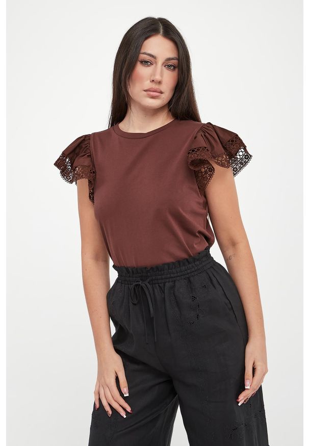 Twinset Milano - T-shirt damski z koronką TWINSET. Materiał: koronka. Wzór: koronka