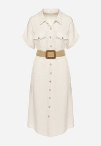 Born2be - Beżowa Koszulowa Sukienka z Lnu i Wiskozy z Elastycznym Paskiem z Klamrą Elanithea. Okazja: na co dzień. Typ kołnierza: kołnierzyk klasyczny. Kolor: beżowy. Materiał: wiskoza, len. Długość rękawa: krótki rękaw. Typ sukienki: koszulowe. Styl: elegancki, casual, klasyczny #3