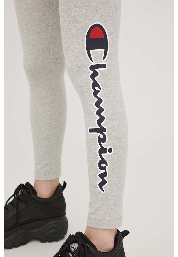 Champion legginsy damskie kolor szary z nadrukiem. Kolor: szary. Materiał: dzianina. Wzór: nadruk