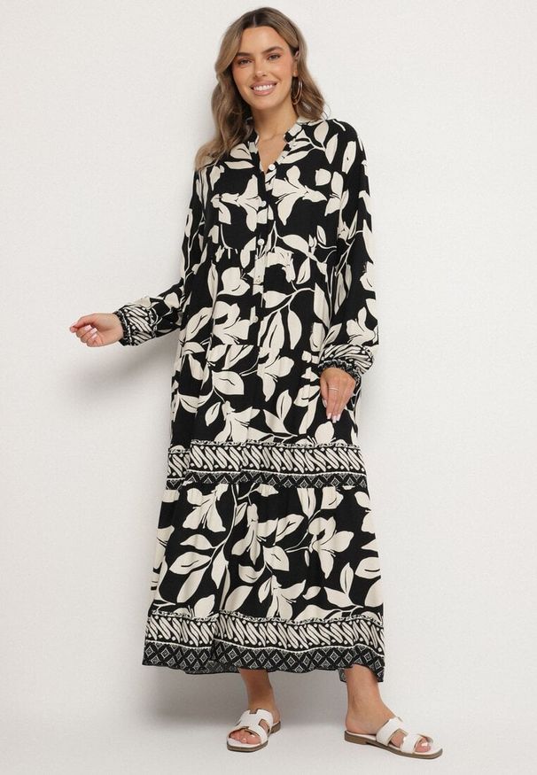 Born2be - Czarna Koszulowa Sukienka z Wiskozy z Motywem Liści Liorenna. Okazja: na co dzień. Kolor: czarny. Materiał: wiskoza. Wzór: kolorowy. Sezon: wiosna, lato. Typ sukienki: koszulowe. Styl: casual, klasyczny