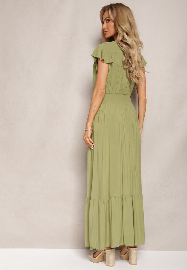 Renee - Zielona Rozkloszowana Sukienka Maxi z Bawełny o Kopertowym Kroju Asmerie. Kolor: zielony. Materiał: bawełna. Sezon: lato. Typ sukienki: kopertowe. Długość: maxi