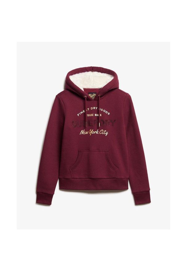 Damska bluza z kapturem z metalicznym logo Superdry Luxe. Typ kołnierza: kaptur. Kolor: czerwony, fioletowy, wielokolorowy, brązowy. Materiał: skóra