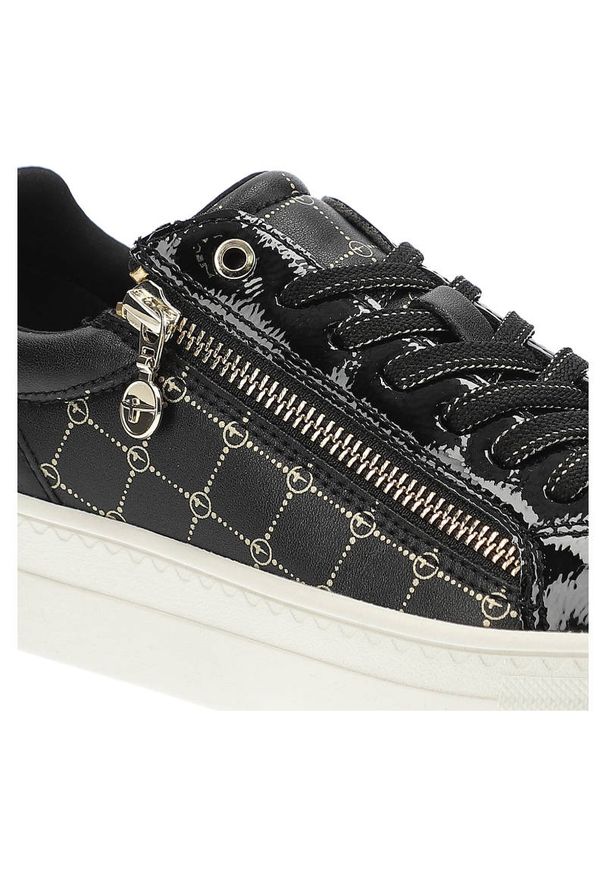 Czarne Sneakersy Tamaris Modne Buty Damskie. Okazja: na co dzień, na spacer. Zapięcie: sznurówki. Kolor: czarny. Materiał: jeans, lakier, skóra ekologiczna, materiał. Szerokość cholewki: normalna. Wzór: geometria, aplikacja, nadruk. Sport: turystyka piesza