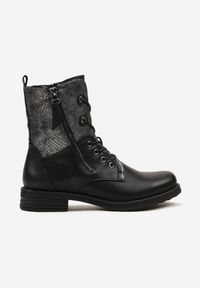 Born2be - Czarne Botki Workery Zdobione Suwakiem i Wężowym Tłoczeniem Vemindra. Okazja: na co dzień. Kolor: czarny. Materiał: jeans. Wzór: aplikacja. Styl: klasyczny, casual