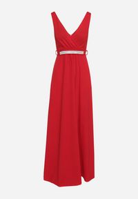 Born2be - Bordowa Sukienka Rozkloszowana Maxi z Paskiem w Cyrkonie i Wycięciem Neorise. Kolor: czerwony. Materiał: materiał. Wzór: aplikacja. Długość: maxi #3