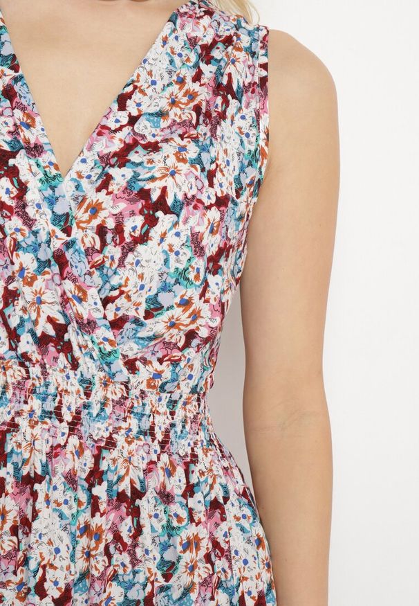 Born2be - Bordowo-Niebieska Bawełniana Sukienka Kopertowa o Rozkloszowanym Kroju w Kwiatowy Print Brosa. Kolor: beżowy. Materiał: bawełna. Wzór: kwiaty, nadruk. Typ sukienki: kopertowe