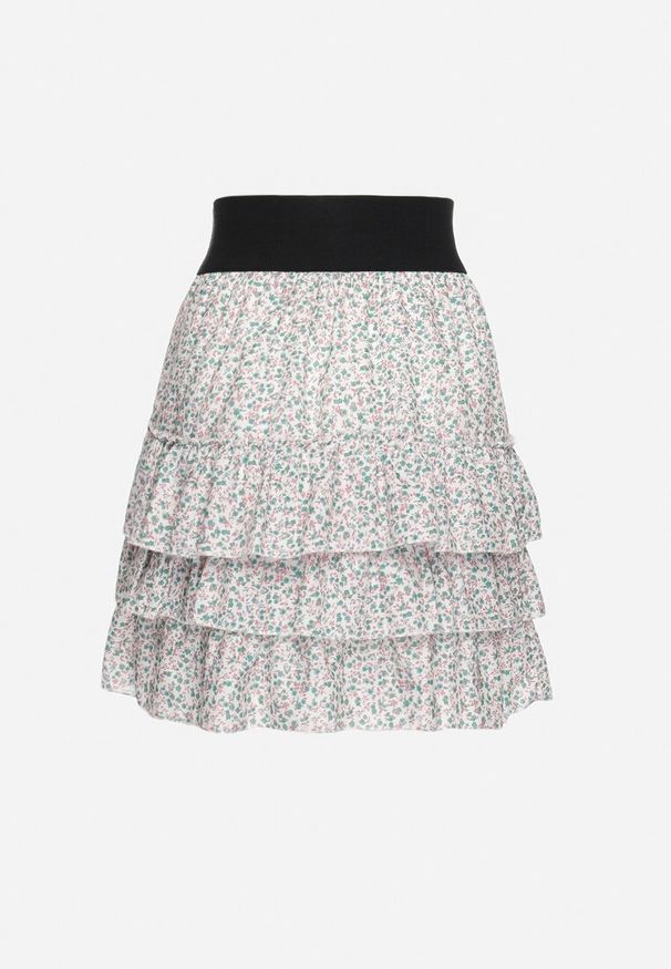 Born2be - Biało-Niebieska Spódnica z Falbankami i Paskiem z Ozdobną Klamrą w Komplecie Asoura. Kolor: biały