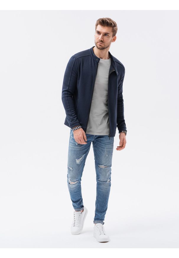 Ombre Clothing - Bluza męska rozpinana bez kaptura B1071 - granatowa - XXL. Typ kołnierza: bez kaptura. Kolor: niebieski. Materiał: poliester, bawełna