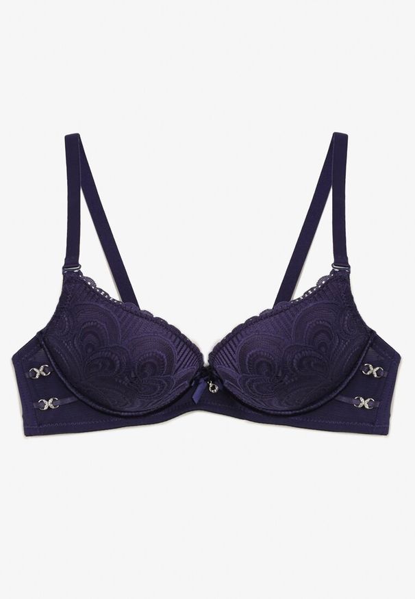 Renee - Granatowy Biustonosz z Koronki Typu Push-Up z Usztywnionymi Miseczkami i Zdobieniami Ellalli. Kolor: niebieski. Materiał: koronka. Rodzaj stanika: push-up. Wzór: aplikacja, koronka