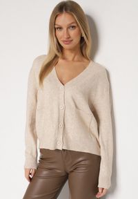 Born2be - Beżowy Rozpinany Kardigan z Dodatkiem Kaszmiru Vetirira. Okazja: na co dzień. Kolor: beżowy. Materiał: kaszmir. Styl: klasyczny, casual #1