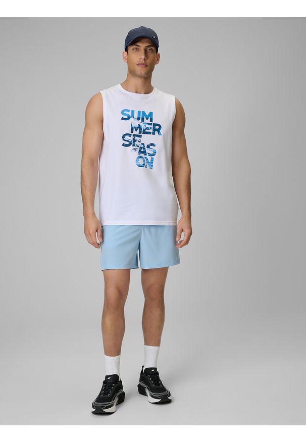 4f - 4F Koszulka bez rękawów regular z nadrukiem męska - biała M. Kolor: biały. Materiał: dzianina, bawełna. Długość rękawa: bez rękawów. Wzór: nadruk. Sezon: lato