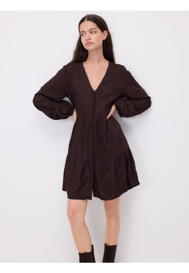 Reserved - Sukienka mini z wiskozy - ciemnobrązowy. Kolor: brązowy. Materiał: wiskoza. Długość: mini