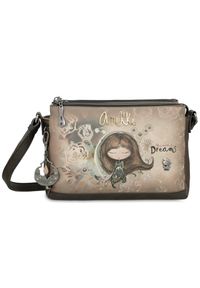 Torebka damska Anekke, mała we wzory z regulowanym paskiem zapinana na zamek, brązowa, 41703-184. Kolor: brązowy. Wzór: kwiaty, motyw z bajki, haft. Dodatki: z breloczkiem, z haftem. Styl: casual #1
