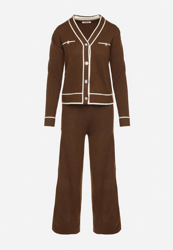 Born2be - Brązowy Dzianinowy Komplet Szerokie Spodnie i Kardigan z Lamówkami Gioresa. Kolor: brązowy. Materiał: dzianina. Wzór: gładki. Sport: turystyka piesza
