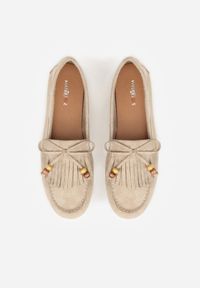 Renee - Ciemnobeżowe Mokasyny z Koralikami Kokardą i Frędzlami Nahda. Okazja: na co dzień. Kolor: beżowy. Materiał: jeans. Styl: casual, street #6