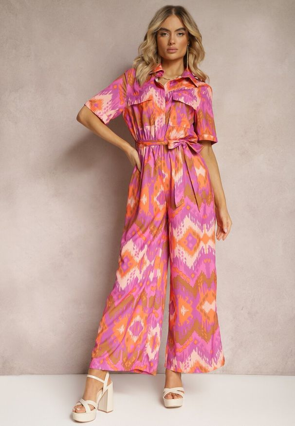 Renee - Fioletowo-Pomarańczowy Kombinezon z Koszulową Górą Gumką w Talii i Materiałowym Paskiem Tlarion. Kolor: fioletowy. Materiał: materiał