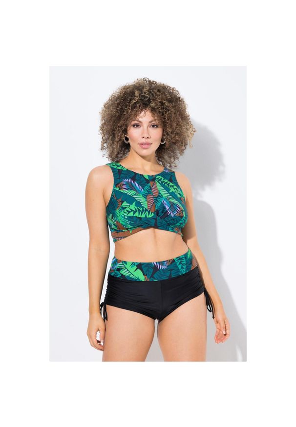 ULLA POPKEN - Damskie Bikini palmy miękkie miseczki drapowanie. Kolekcja: plus size. Kolor: czarny. Materiał: elastan, poliamid, materiał