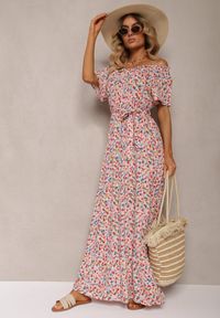 Renee - Biało-Różowa Bawełniana Sukienka Hiszpanka w Kwiatowy Print Rissamond. Typ kołnierza: dekolt hiszpanka. Kolor: biały. Materiał: bawełna. Wzór: kwiaty, nadruk. Sezon: lato #1
